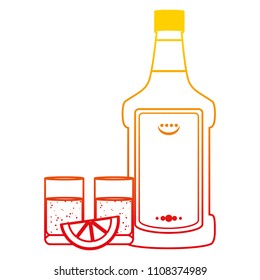 degraded line tequila liquor bottle and glass with lemon