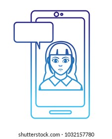 degraded line user woman inside smartphone with chat bubble