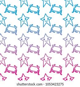 degraded line videogame star and crab character background vector illustration