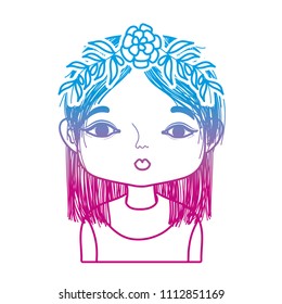 degraded line woman with branch leaves and flowers in the head