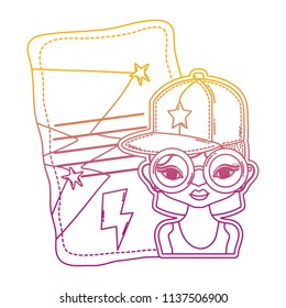 degraded line woman with glasses and letter with stars design