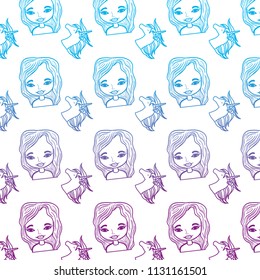 degraded line woman hairstyle and cute unicorn background