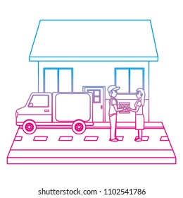 degraded line woman receiving delivery package front a house
