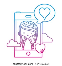 degraded line woman with smartphone and heart inside chat bubble