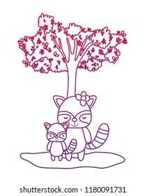 degraded outline adorable female raccoon its son and tree