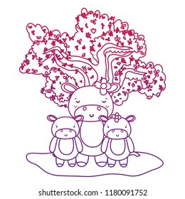 degraded outline adorable hippopotamus family animals and tree
