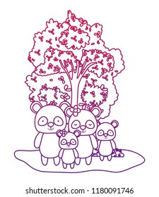 degraded outline adorable panda family animals and tree