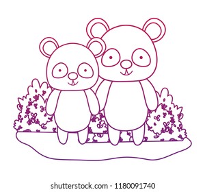 degraded outline adorable pandas wild animals and bushes