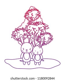 degraded outline beauty rabbit couple animal and tree