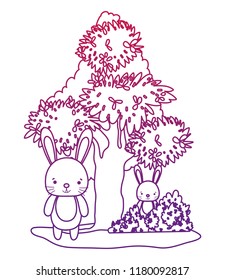 degraded outline beauty rabbits friends animals and tree