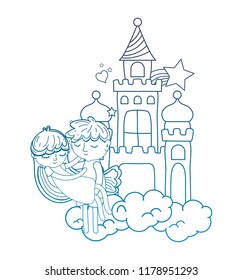 degraded outline boy carrying girl in the castle clouds