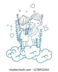degraded outline boy and girl in the clouds with branches and hearts