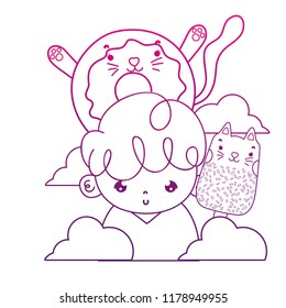 degraded outline boy with kawaii cats donut and ice lolly