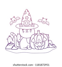 degraded outline cat wearing hat with pumpkin and bats