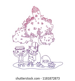 degraded outline children costumes and tree with window and rip