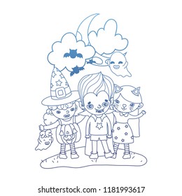 degraded outline children with funny costumes and ghosts with bats