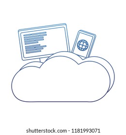 degraded outline computer and smartphone with cloud data center