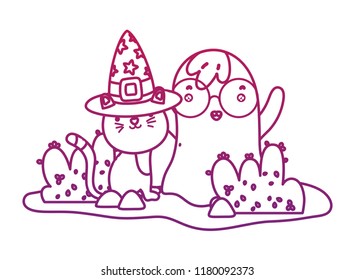 degraded outline cute cat with hat and ghost wearing glasses