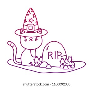 degraded outline cute cat with hat and rip stone