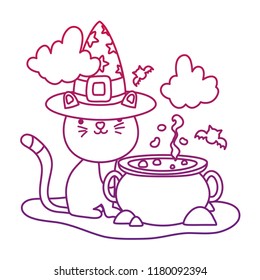 degraded outline cute cat with hat and pot cauldron