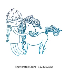degraded outline cute girl with mythology unicorn animal