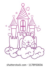 degraded outline cute male mouse in the castle and clouds