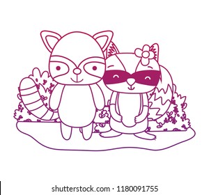 degraded outline cute raccoons friends animals and bushes