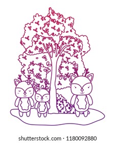 degraded outline deers friends wild animals and tree