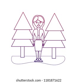degraded outline elegant woman with clothes and pine trees