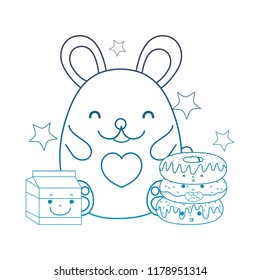 degraded outline female mouse with kawaii donuts and milk