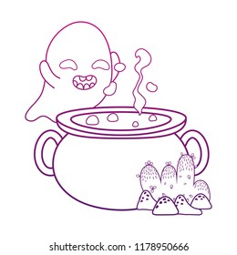 degraded outline funny ghost character and pot cauldron