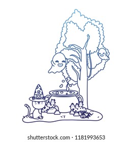 degraded outline funny ghosts with hat wearing hat