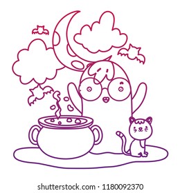 degraded outline ghost wearing glasses and pot cauldron with bats