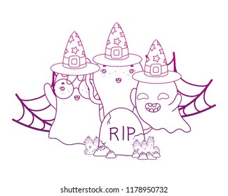 degraded outline ghosts with witch hat in the spiderweb and rip