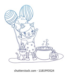 degraded outline girl costumed with balloons and pot cauldron