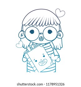 degraded outline girl with glasses and kawaii happy book