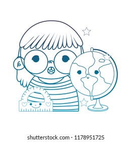 degraded outline girl with glasses and kawaii school utensils