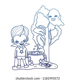 degraded outline happy boy with vampire costume and ghost