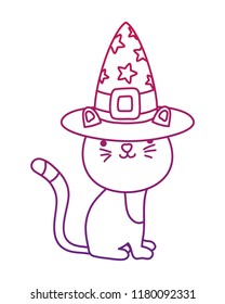 degraded outline happy cat animal with witch hat