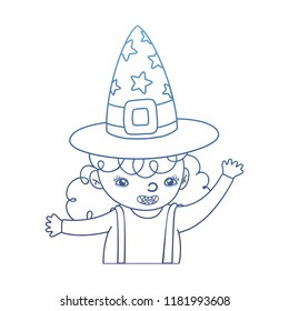 degraded outline happy girl with witch costume and hat