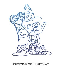 degraded outline happy gril with pumpkin costume and balloons