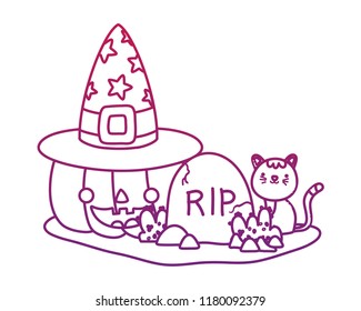 degraded outline happy pumpkin with hat and rip with cat