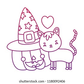 degraded outline happy pumpkin with hat and cute cat