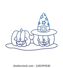 degraded outline happy pumpkins in love with witch hat