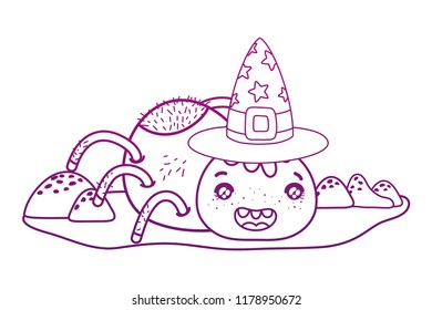 degraded outline happy spider character with witch hat