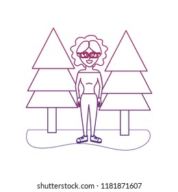 degraded outline happy woman with curly hair and pine trees