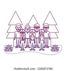 degraded outline happy women and men friends in the landscape