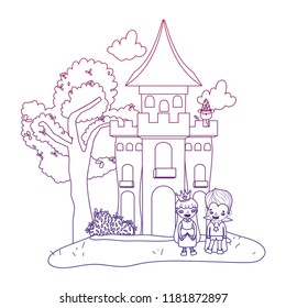 degraded outline horror castle with children costume and cat