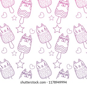 degraded outline kawaii cats ice lollies background