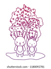 degraded outline nice rabbit couple animal and tree